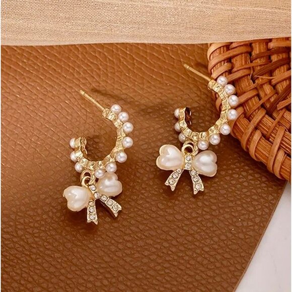 Pearl Bow Drop Hoop Earrings - Picture 1 of 4